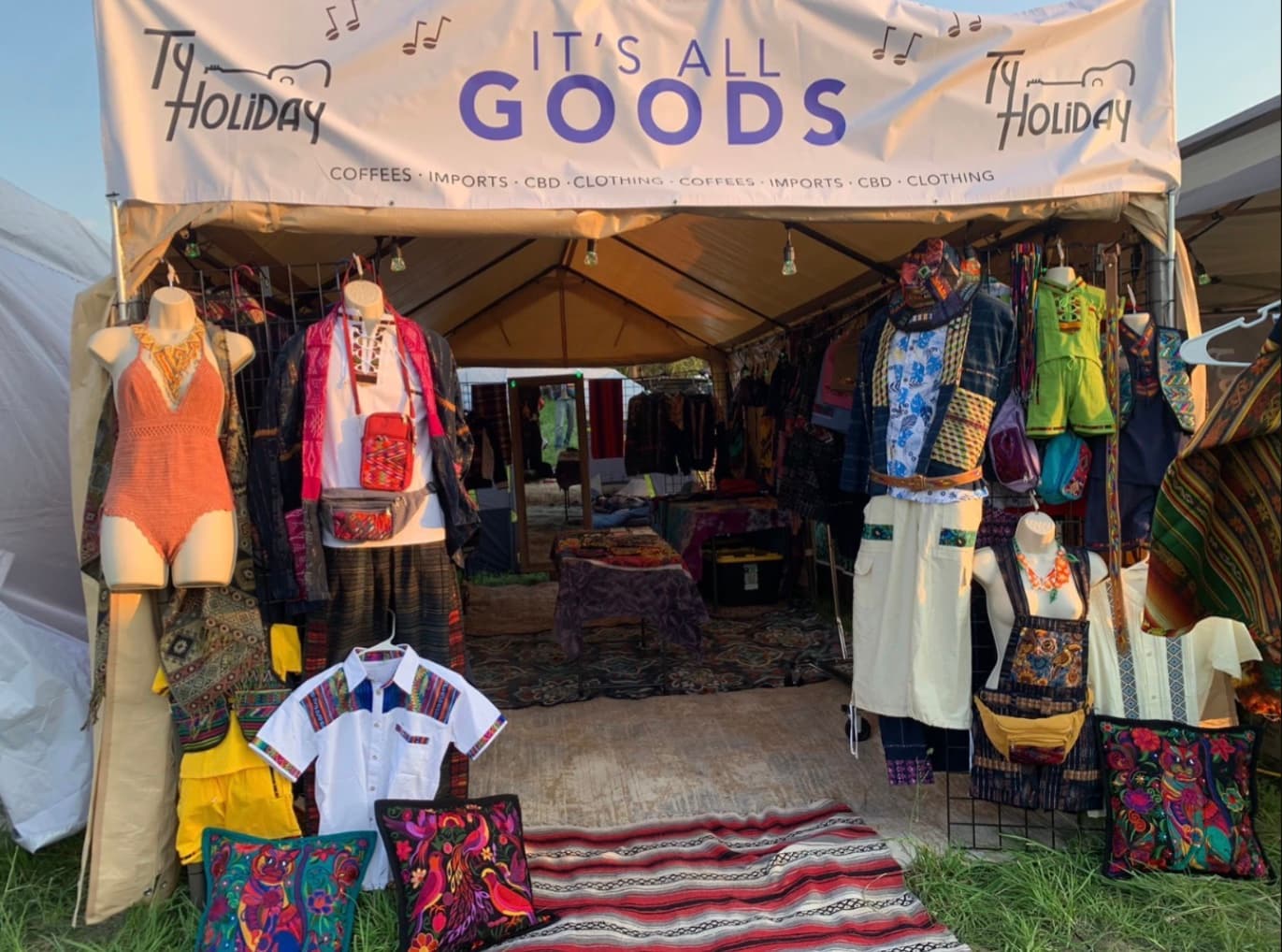 Traditional handwoven clothing, bags, and pillows